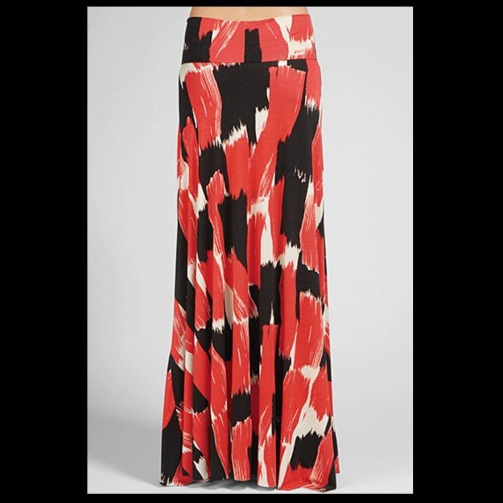 Rachel Pally XS Long Full Maxi Skirt Fold Over Waist Black Red Printed Jersey